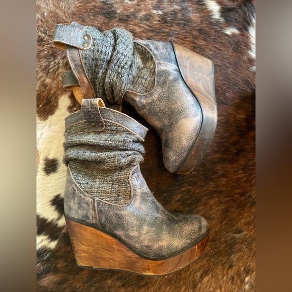 Bed Stu Shoes - BED STU BRUGES LEATHER GRAY/BROWN KNIT PLATFORM WEDGE BOOTIES WOMENS 7